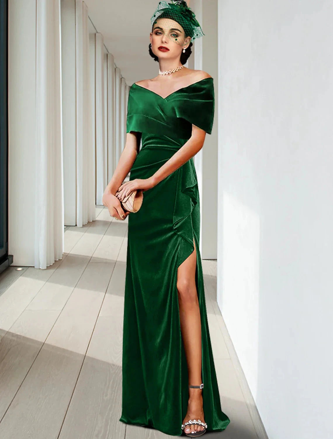 Sheath / Column Evening Gown Elegant Dress Wedding Guest Cocktail Party Floor Length Sleeveless V Neck Velvet with Pleats Ruffles by YiHuiw