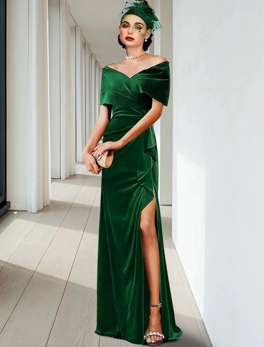Sheath / Column Evening Gown Elegant Dress Wedding Guest Cocktail Party Floor Length Sleeveless V Neck Velvet with Pleats Ruffles by YiHuiw