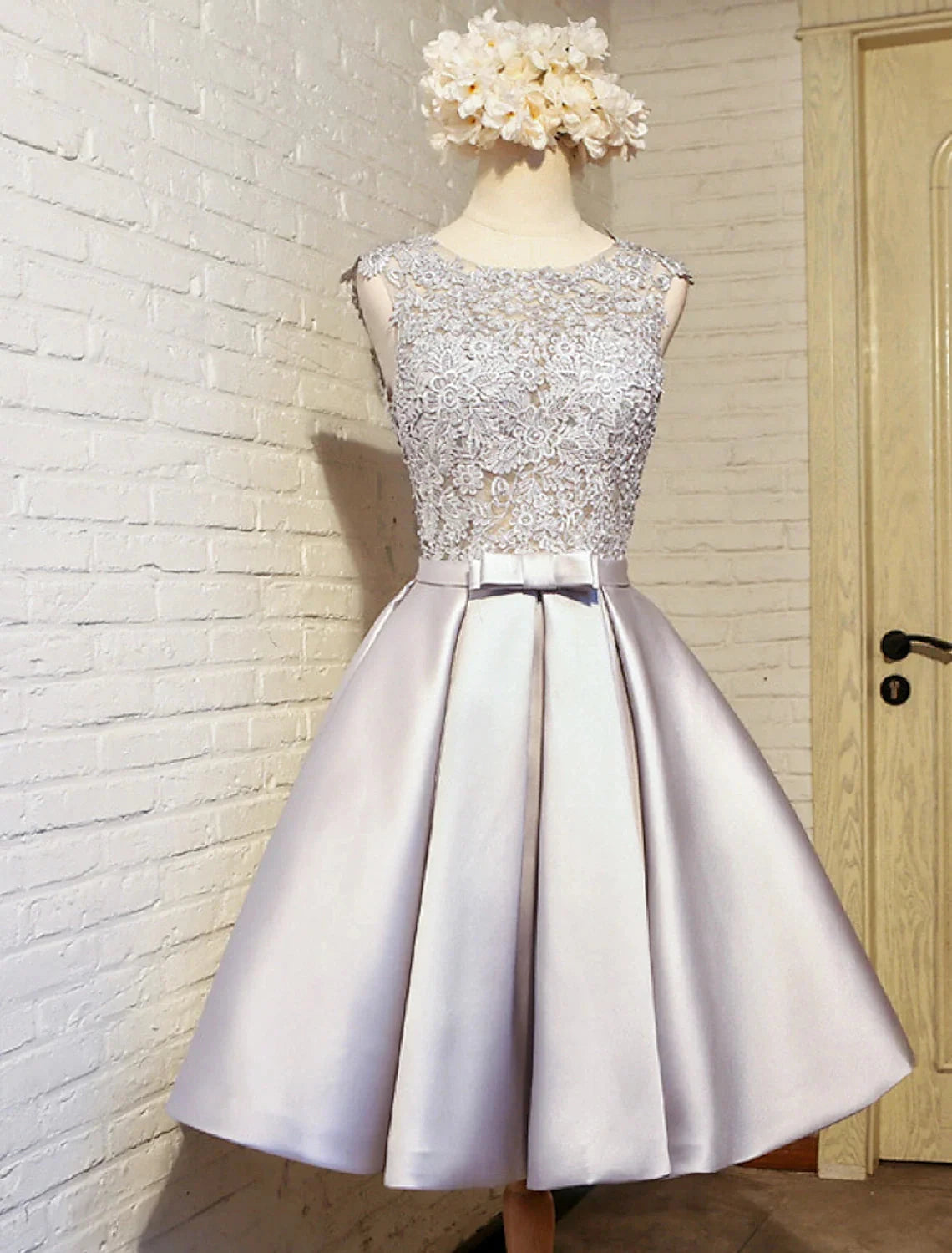 A-Line Lace Homecoming Dresses Open Back Dress Prom Knee Length Sleeveless Jewel Neck Satin with Butterfly by YiHuiw