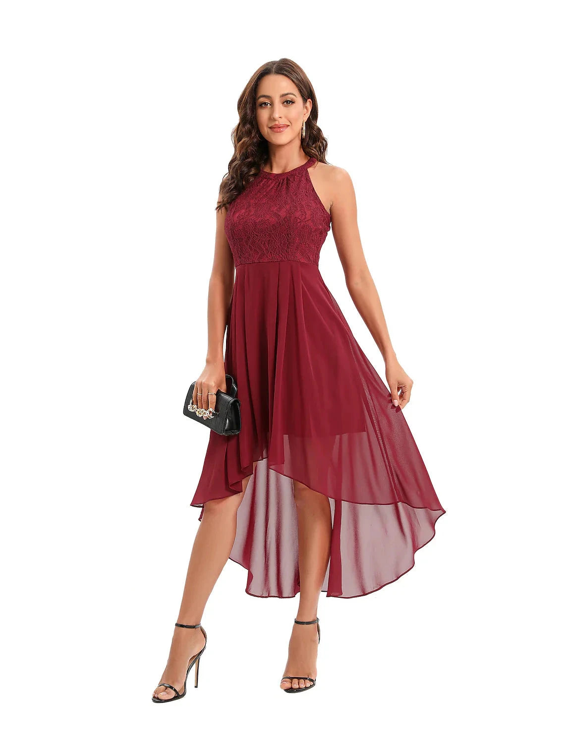 A-Line Minimalist Elegant Party Wear Cocktail Party Dress Halter Neck Sleeveless Asymmetrical Nylon with Pleats by YiHuiw