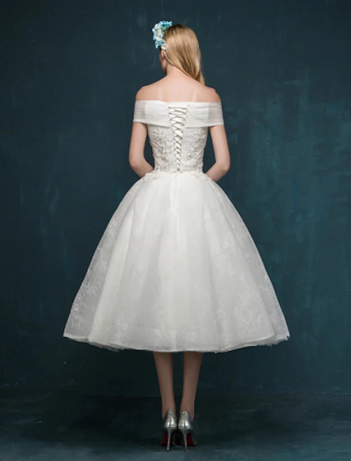 Reception Little White Dresses Wedding Dresses A-Line Off Shoulder Cap Sleeve Tea Length Lace Bridal Gowns With Beading Sequin Summer Wedding Party Women's Clothing by YiHuiw