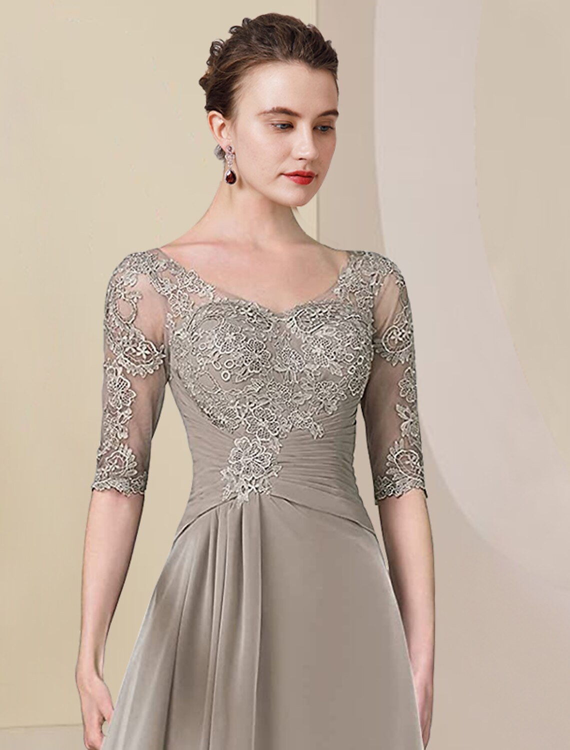 Two Piece A-Line Mother of the Bride Dress Formal Wedding Guest Elegant High Low V Neck Asymmetrical Tea Length Chiffon Lace Half Sleeve Wrap Included with Ruched Appliques by YiHuiw