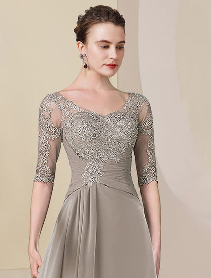 Two Piece A-Line Mother of the Bride Dress Formal Wedding Guest Elegant High Low V Neck Asymmetrical Tea Length Chiffon Lace Half Sleeve Wrap Included with Ruched Appliques by YiHuiw