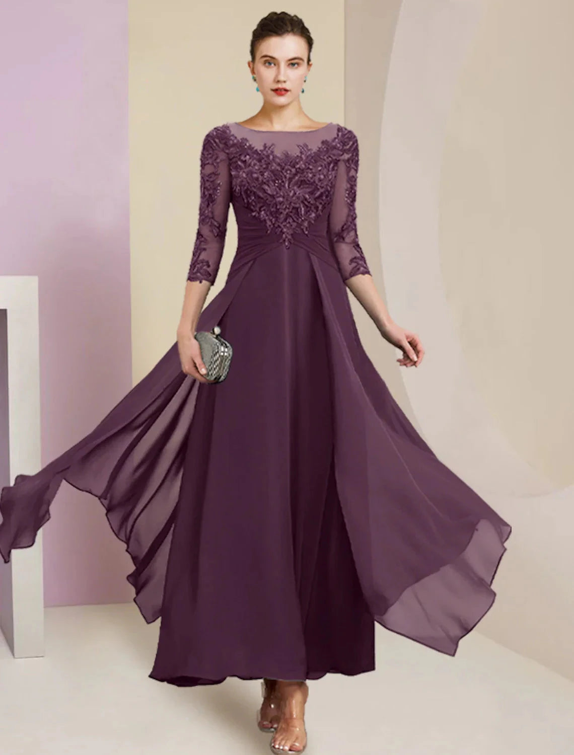 Sheath / Column Mother of the Bride Dress Wedding Guest Simple Elegant Jewel Neck Ankle Length Chiffon Lace 3/4 Length Sleeve with Pleats Sequin by YiHuiw