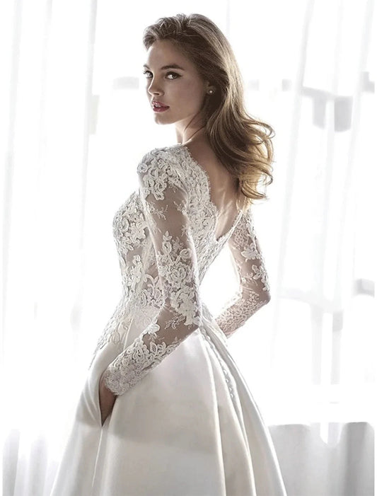 Reception Formal Fall Wedding Dresses A-Line Illusion Neck Long Sleeve Chapel Train Satin Bridal Gowns With Lace Pleats Summer Wedding Party Women's Clothing by YiHuiw