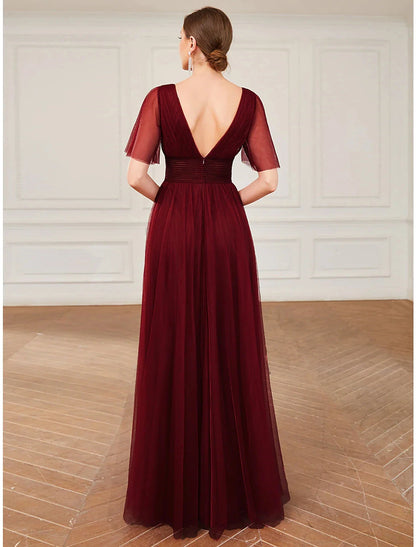 A-Line Bridesmaid Dress V Neck Short Sleeve Plus Size Floor Length Tulle with Ruffles / Draping / Tier / Butterfly Sleeve by YiHuiw