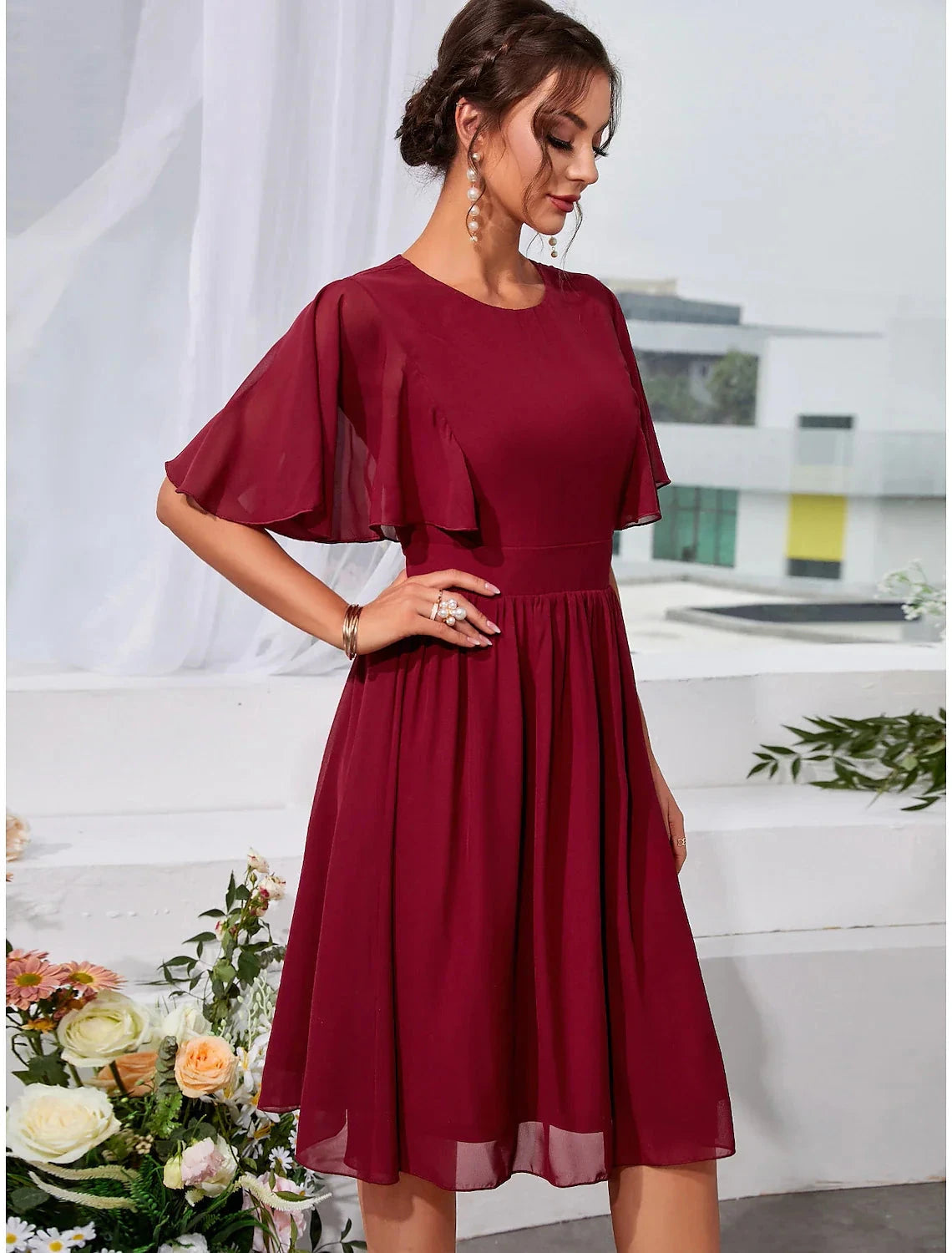 A-Line Wedding Guest Dresses Elegant Dress Holiday Knee Length Short Sleeve Jewel Neck Chiffon with Pleats Ruffles by YiHuiw