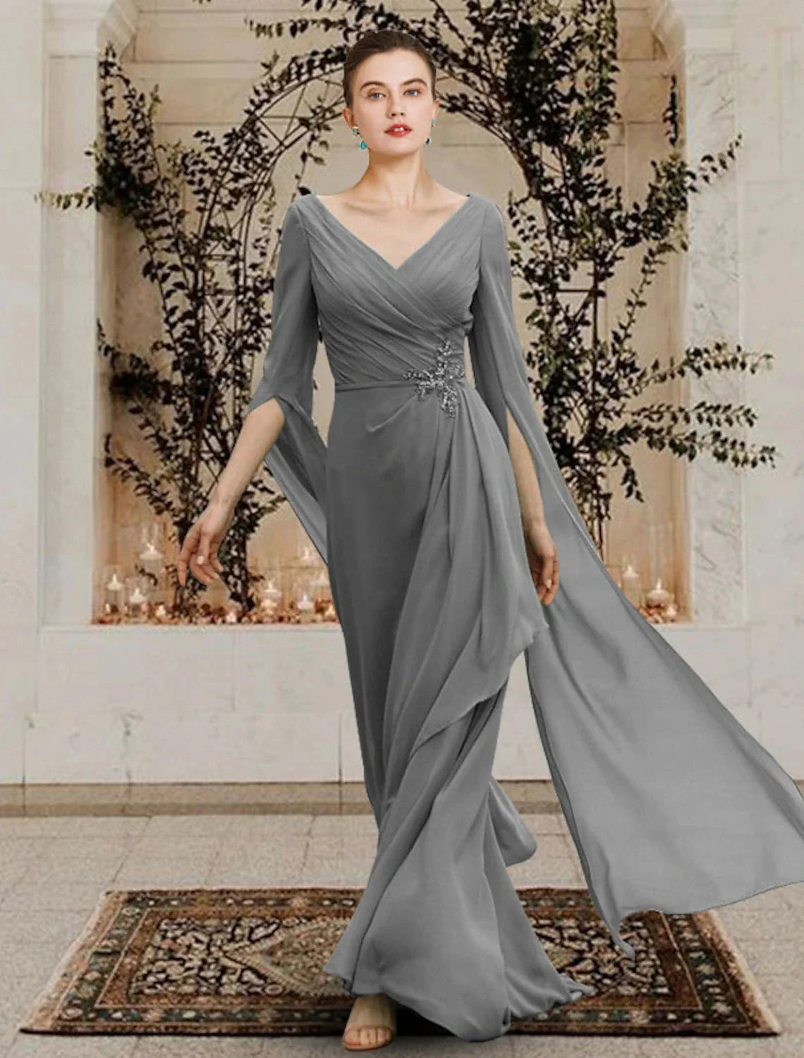 Sheath / Column Mother of the Bride Dress Elegant V Neck Floor Length Chiffon Half Sleeve with Beading Side-Draped by YiHuiw