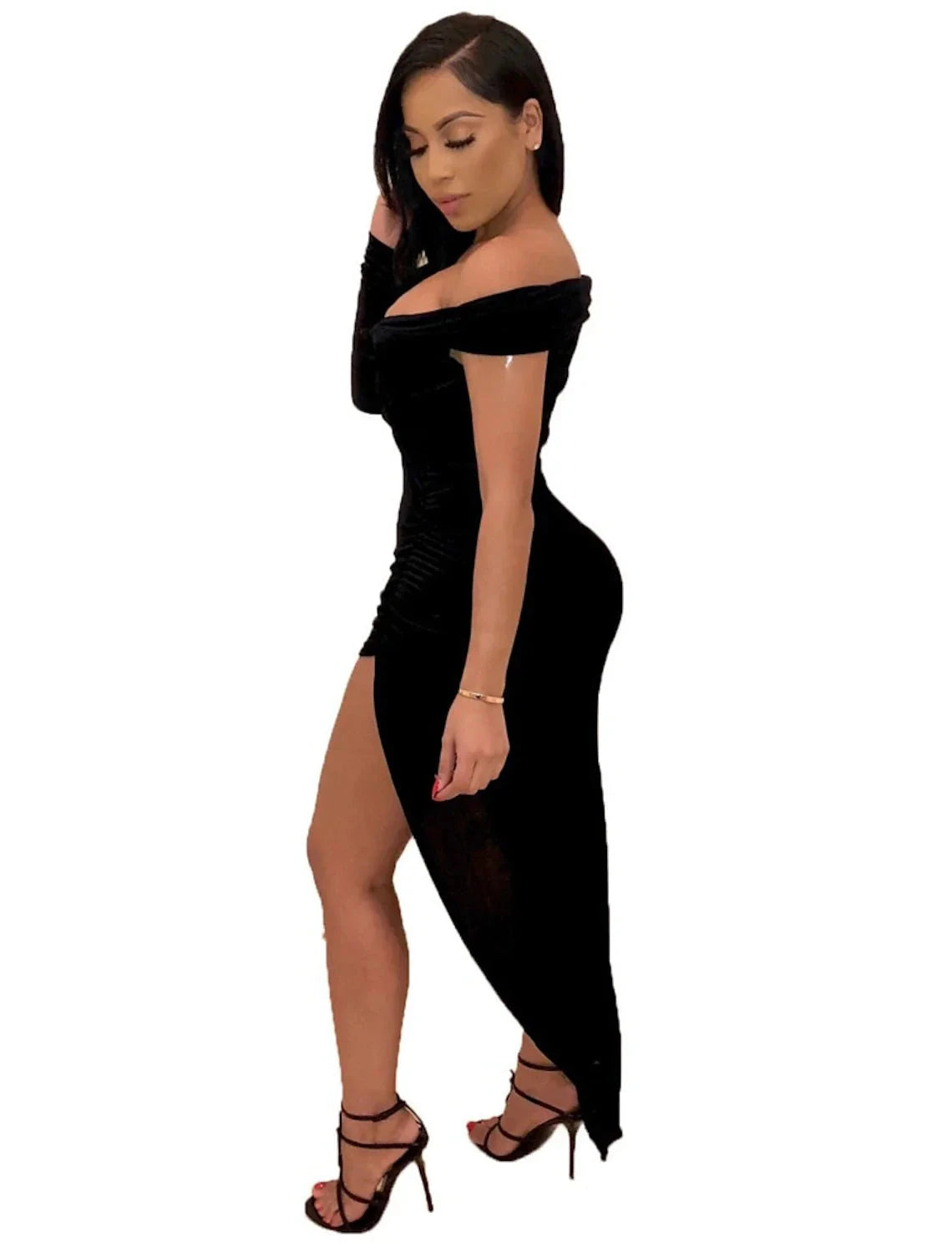 Hot Sexy Holiday Party Wear Club Dress High Slit V Neck off Shoulder Long Sleeve Bodycon Asymmetrical Spandex with Sleek by YiHuiw