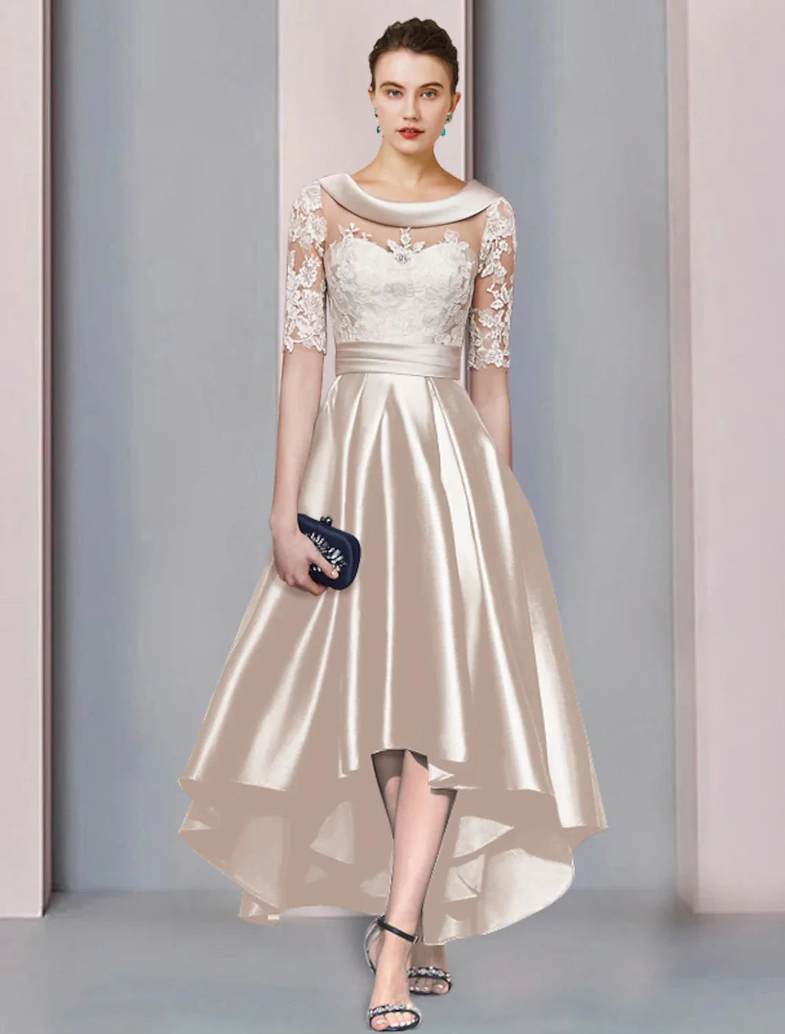 A-Line Mother of the Bride Dress Wedding Guest Elegant High Low Scoop Neck Asymmetrical Tea Length Satin Lace Half Sleeve with Appliques by YiHuiw