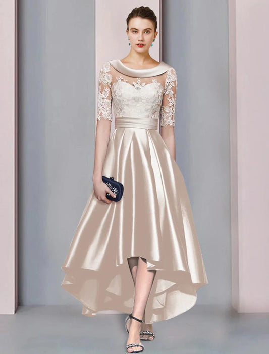 A-Line Mother of the Bride Dress Wedding Guest Elegant High Low Scoop Neck Asymmetrical Tea Length Satin Lace Half Sleeve with Appliques by YiHuiw