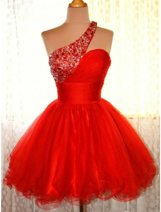 A-Line Homecoming Dresses Sparkle & Shine Dress Holiday Graduation Short / Mini Sleeveless One Shoulder Pink Dress Tulle with Sequin by YiHuiw