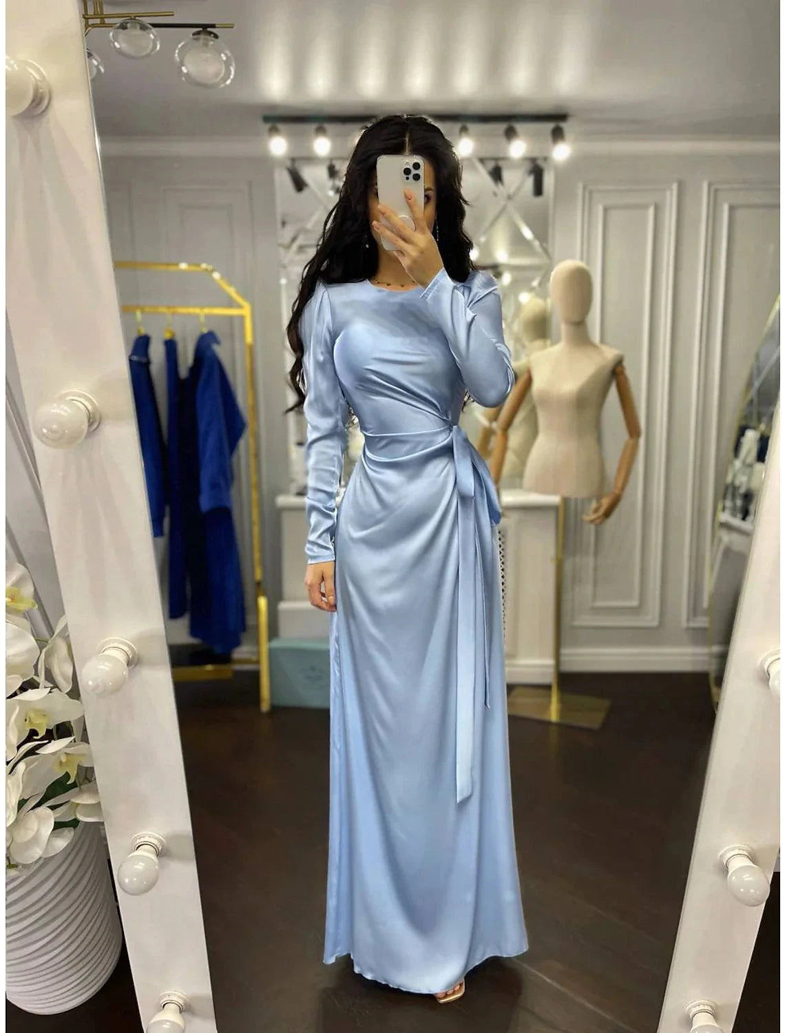Sheath Party Dress Evening Gown Elegant Dress Wedding Guest Fall Floor Length Long Sleeve High Neck Bridesmaid Dress Satin with Ruched by YiHuiw