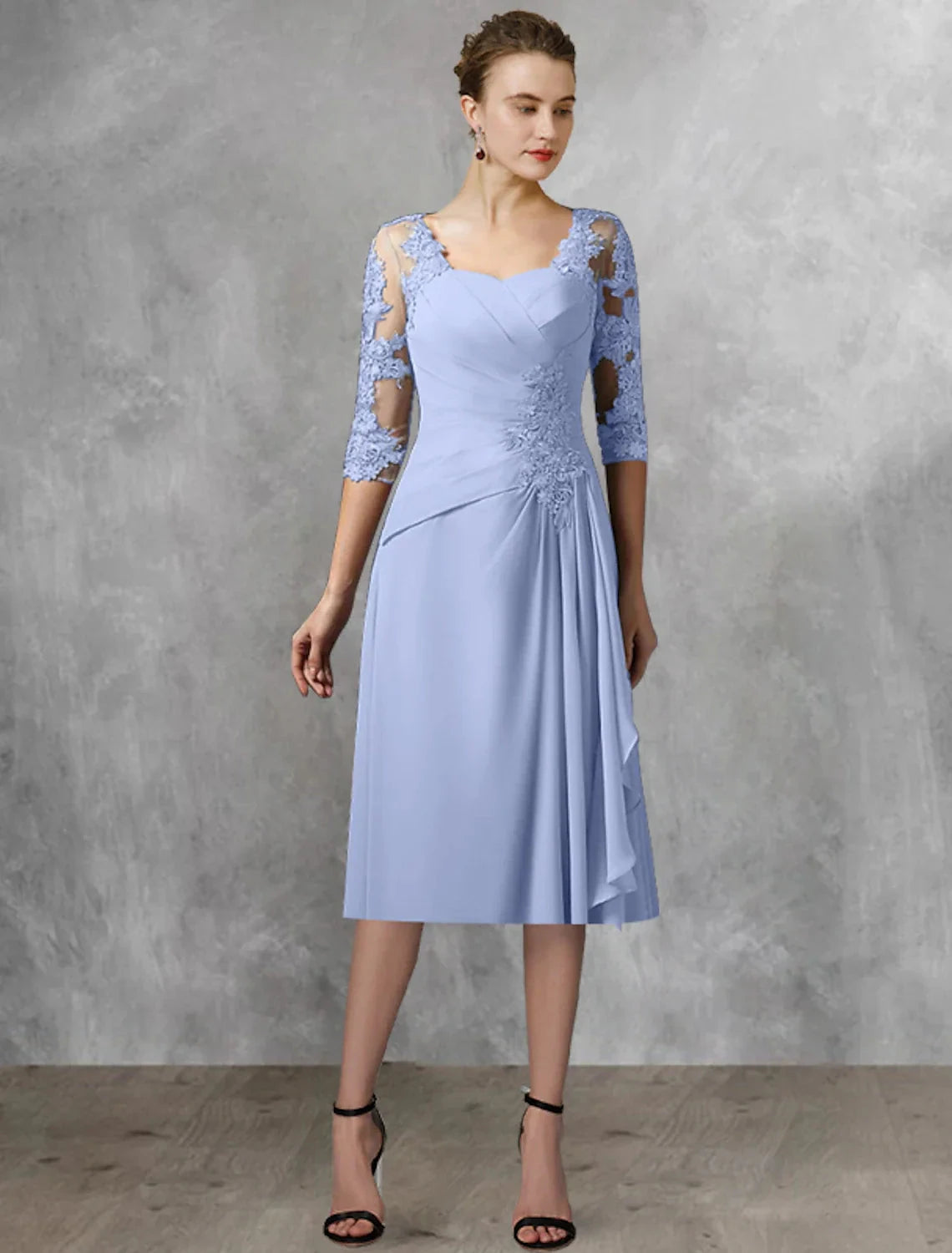 Two Piece A-Line Mother of the Bride Dress Wedding Guest Elegant Square Neck Tea Length Chiffon Lace Half Sleeve Wrap Included with Appliques Side-Draped by YiHuiw