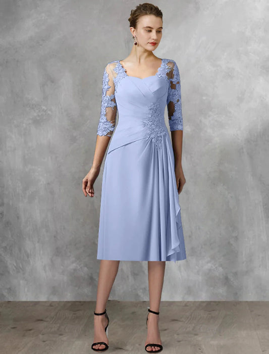 Two Piece A-Line Mother of the Bride Dress Wedding Guest Elegant Square Neck Tea Length Chiffon Lace Half Sleeve Wrap Included with Appliques Side-Draped by YiHuiw