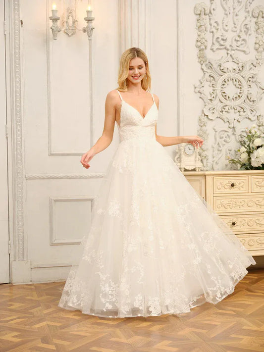 A-Line Spaghetti Strap Floor-Length Wedding Dress - Yihuiw by Yihuiw