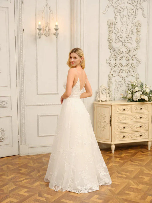 A-Line Spaghetti Strap Floor-Length Wedding Dress - Yihuiw by Yihuiw