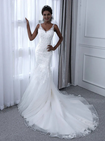 Mermaid V-Neck Floor-Length Wedding Dress - Yihuiw by Yihuiw