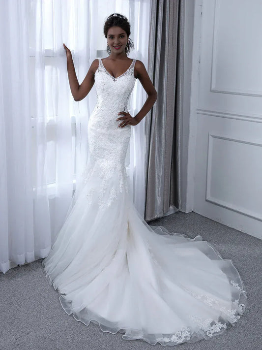 Mermaid V-Neck Floor-Length Wedding Dress - Yihuiw by Yihuiw