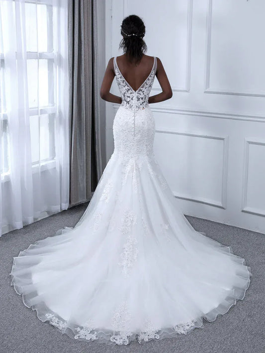 Mermaid V-Neck Floor-Length Wedding Dress - Yihuiw by Yihuiw