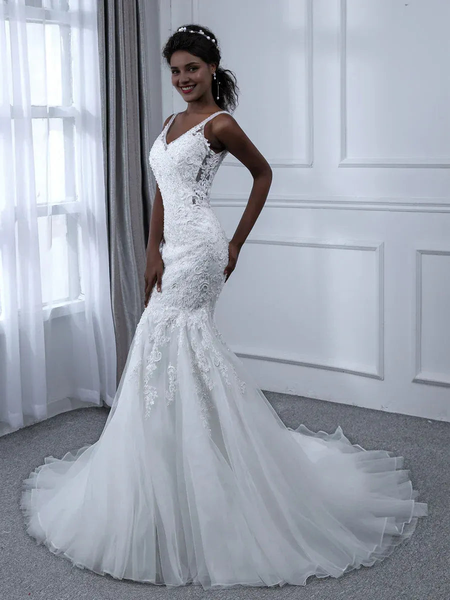 Mermaid V-Neck Floor-Length Wedding Dress - Yihuiw by Yihuiw