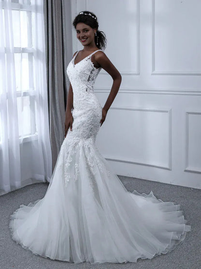 Mermaid V-Neck Floor-Length Wedding Dress - Yihuiw by Yihuiw