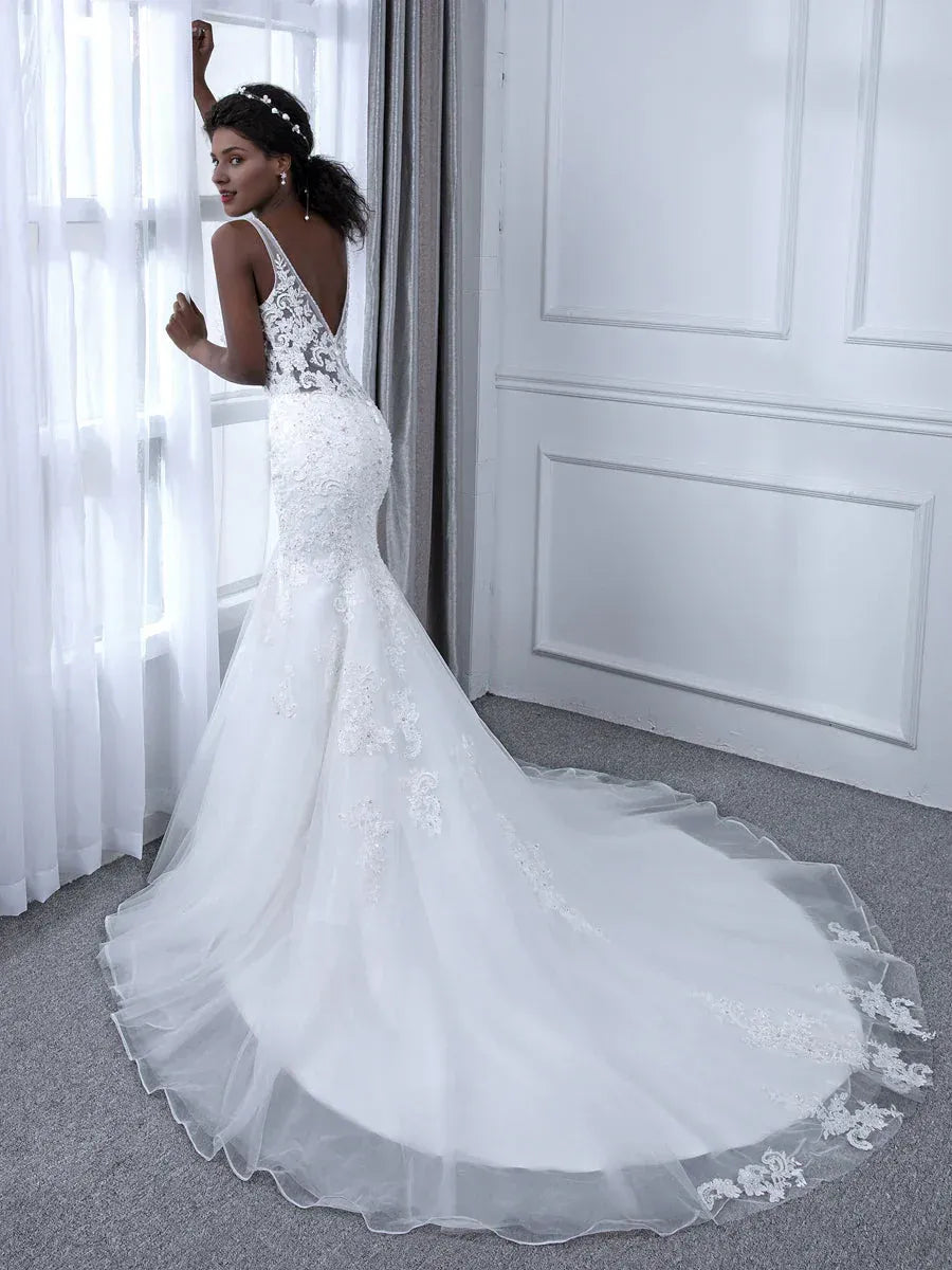 Mermaid V-Neck Floor-Length Wedding Dress - Yihuiw by Yihuiw