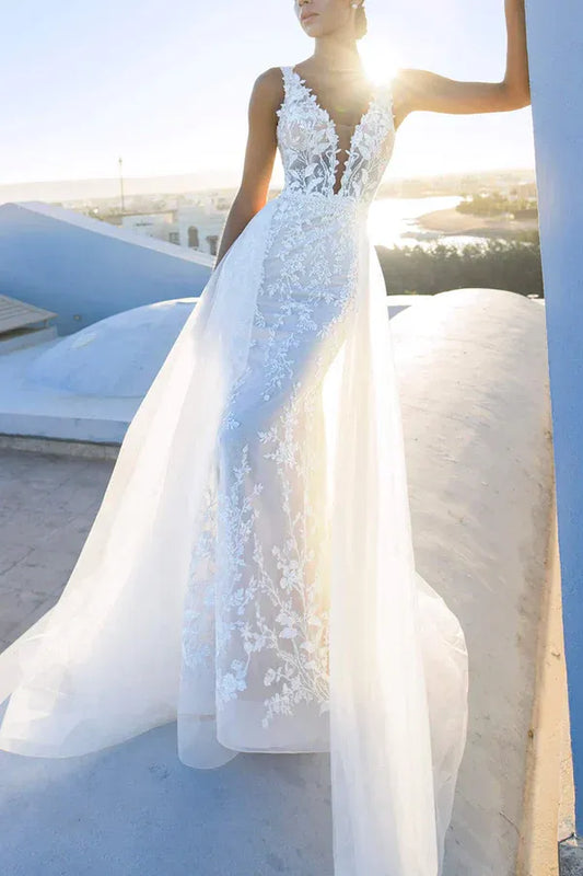 Mermaid V-Neck Sleeveless Floor-Length Wedding Dress - Yihuiw by Yihuiw