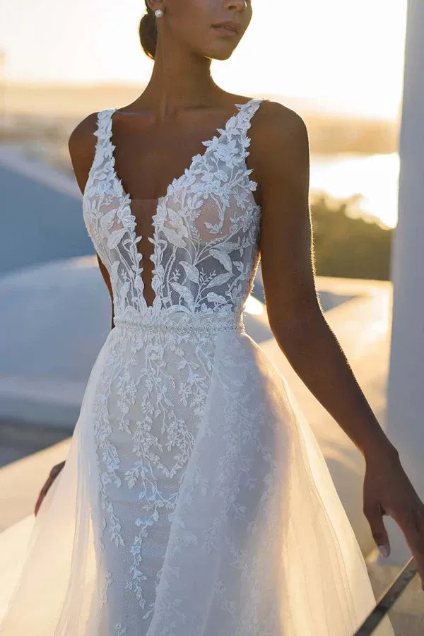 Mermaid V-Neck Sleeveless Floor-Length Wedding Dress - Yihuiw by Yihuiw