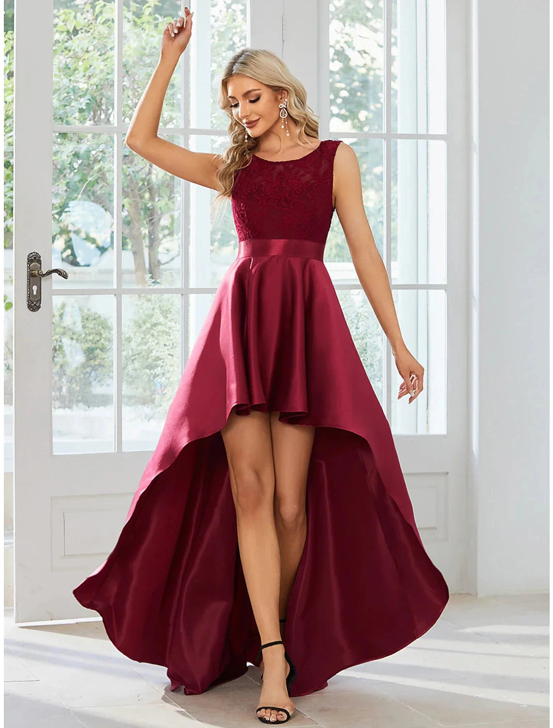 A-Line Wedding Guest Dresses Casual Dress Party Wear Asymmetrical Sleeveless Jewel Neck Satin with Pure Color by YiHuiw
