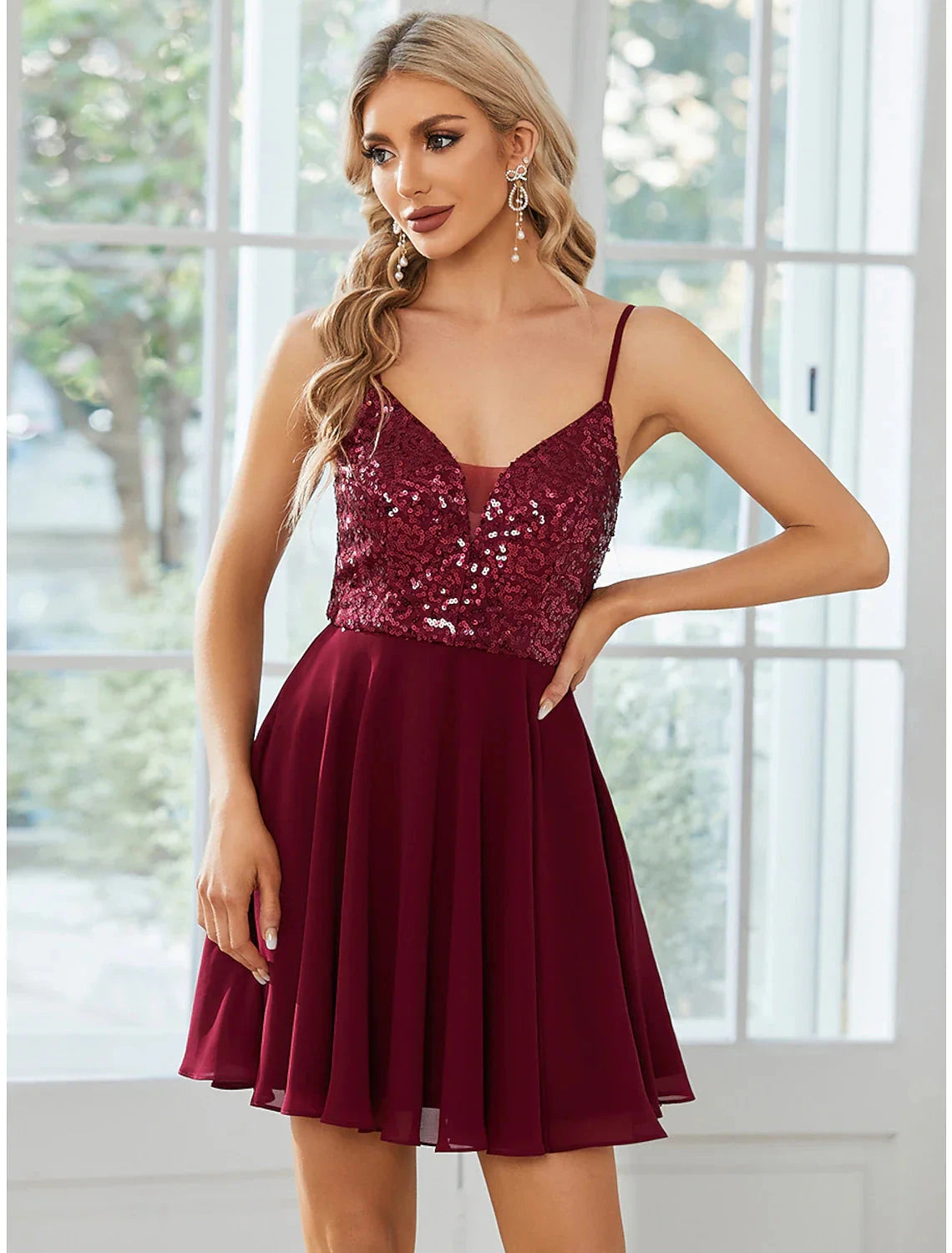 A-Line Homecoming Dresses Sparkle & Shine Dress Party Wear Birthday Short / Mini Sleeveless Spaghetti Strap Chiffon with Pleats Sequin by YiHuiw