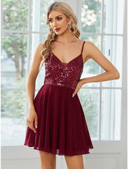 A-Line Homecoming Dresses Sparkle & Shine Dress Party Wear Birthday Short / Mini Sleeveless Spaghetti Strap Chiffon with Pleats Sequin