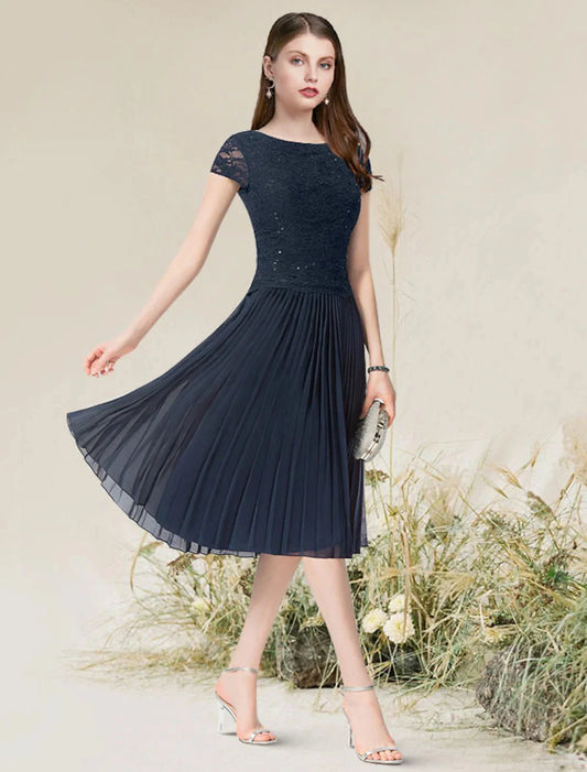 A-Line Cocktail Dresses Flirty Dress Homecoming Wedding Guest Tea Length Short Sleeve Jewel Neck Chiffon with Pleats by YiHuiw