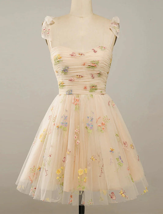 A-Line Homecoming Dresses Floral Dress Party Wear Summer Short / Mini Sleeveless Spaghetti Strap Tulle with Embroidery by YiHuiw