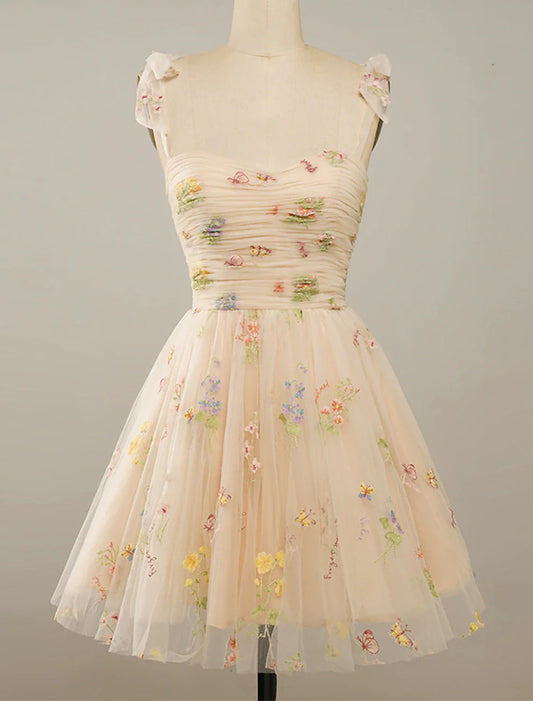 A-Line Homecoming Dresses Floral Dress Party Wear Summer Short / Mini Sleeveless Spaghetti Strap Tulle with Embroidery