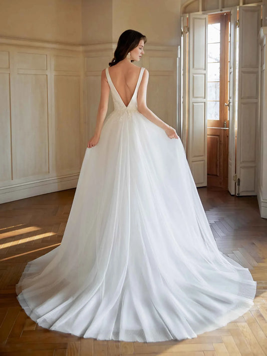 A-Line V-Neck Sleeveless Floor-Length Wedding Dress - Yihuiw by Yihuiw
