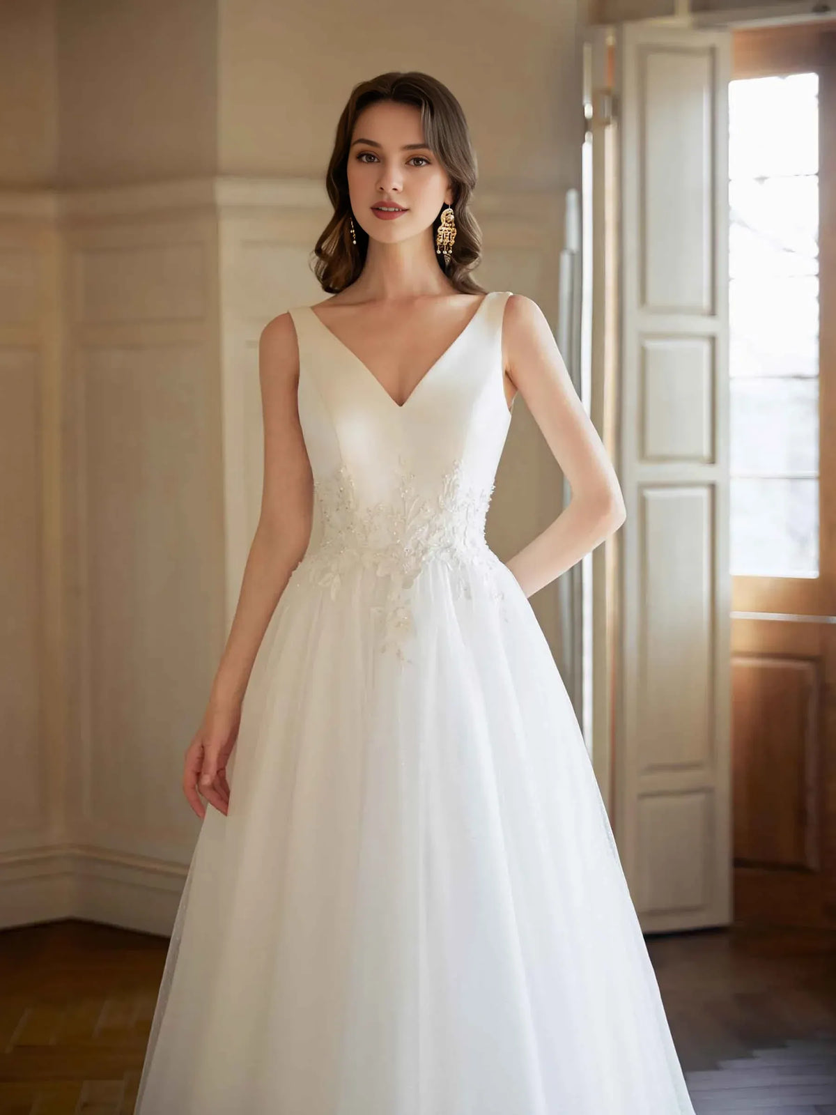 A-Line V-Neck Sleeveless Floor-Length Wedding Dress - Yihuiw by Yihuiw