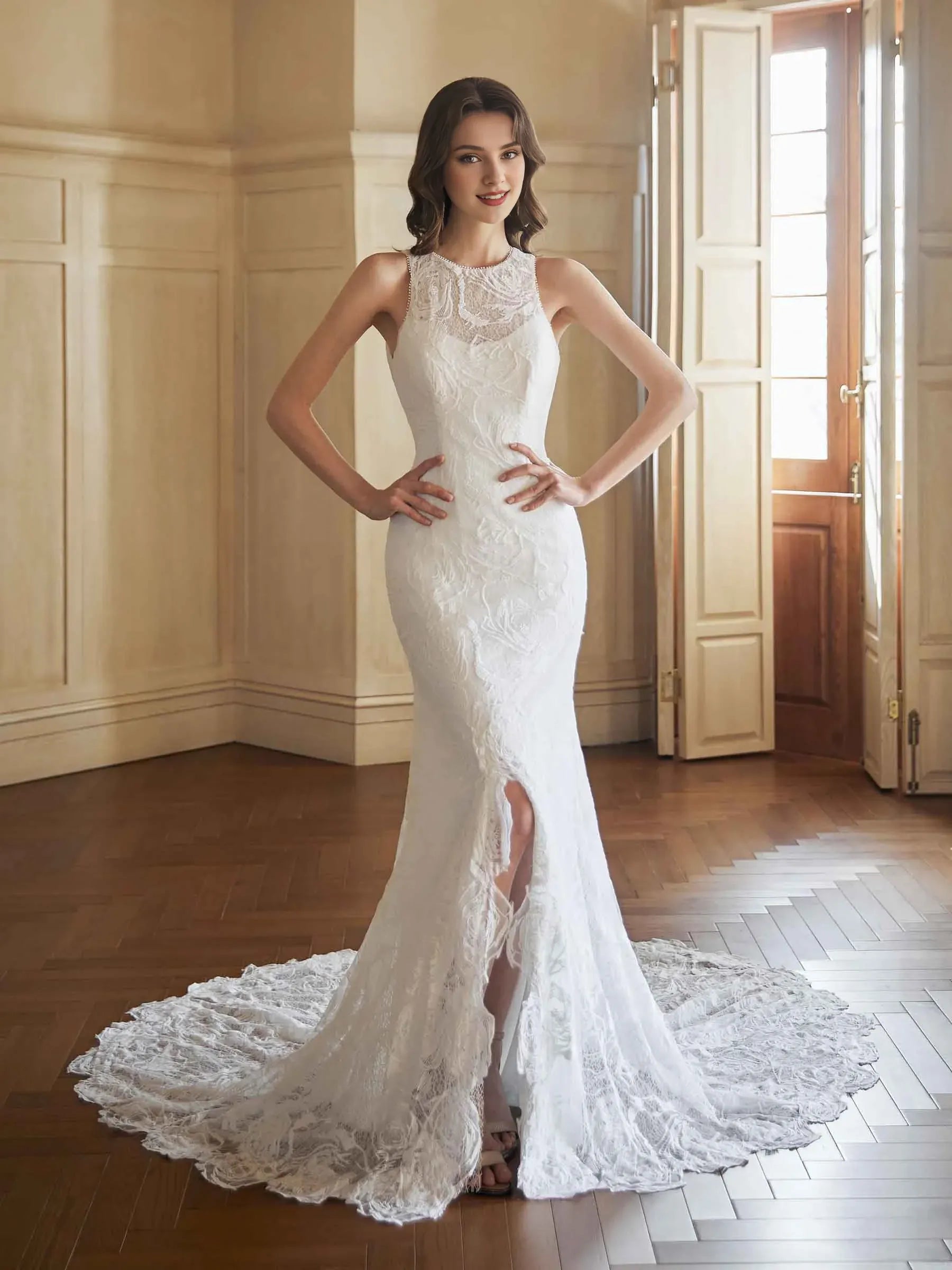 Mermaid High Neck Sleeveless Floor-Length Wedding Dress - Yihuiw by Yihuiw