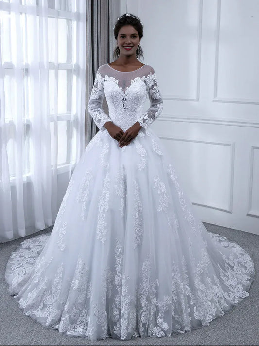 Ball Gown Illusion Floor-Length Wedding Gown - Yihuiw by Yihuiw