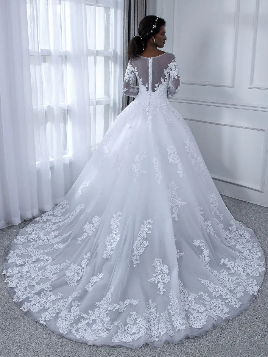 Ball Gown Illusion Floor-Length Wedding Gown - Yihuiw by Yihuiw