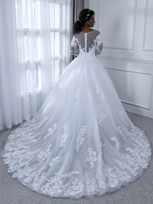 Ball Gown Illusion Floor-Length Wedding Gown - Yihuiw by Yihuiw