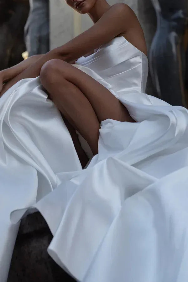 A-Line Strapless High Slit Floor-Length Wedding Dress - Yihuiw by Yihuiw