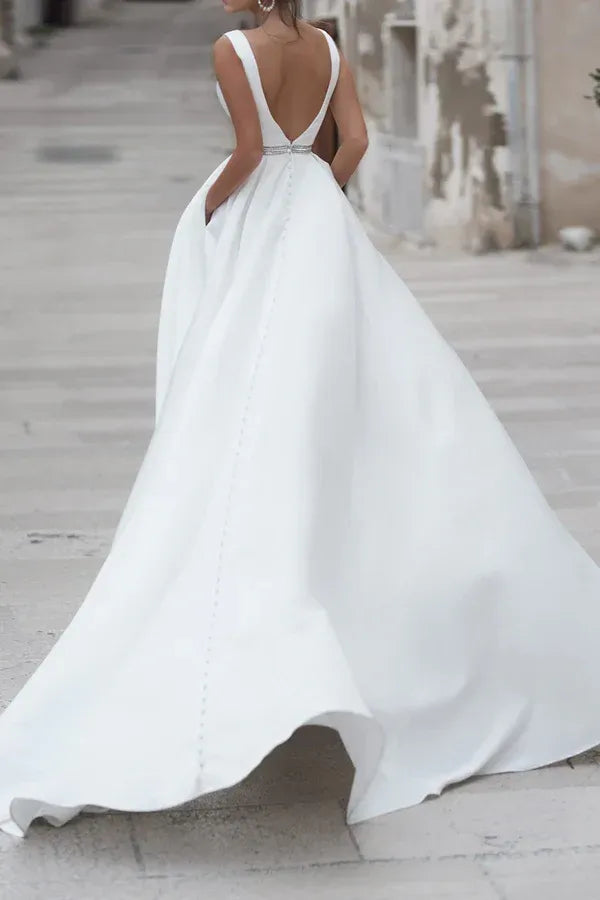 A-Line V-Neck Sleeveless Floor-Length Wedding Dress - Yihuiw by Yihuiw