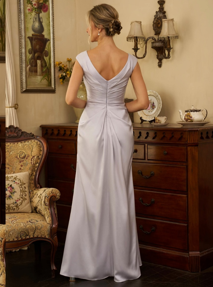 Elegant Satin Sheath Column Boat Neck Sleeveless Cap Sleeves Ruched V-Back Zipper Closure High Slit Floor-Length Maxi Formal Mother of the Bride Dresses by LANQI DRESS