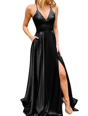 A-Line Prom Dresses Sexy Dress Formal Sweep / Brush Train Sleeveless V Neck Imitation Silk Backless with Slit