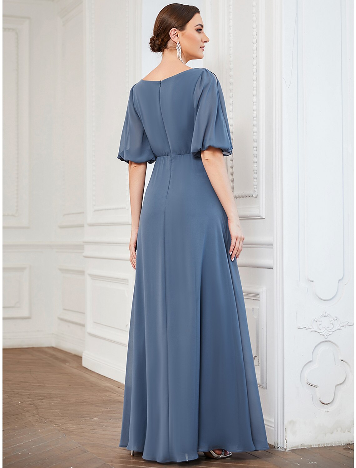 A-Line Evening Gown Minimalist Dress Wedding Guest Prom Floor Length Half Sleeve V Neck Chiffon with Pleats by YiHuiw