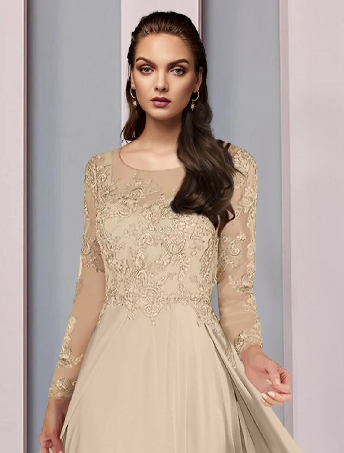 A-Line Mother of the Bride Dress Wedding Guest Party Elegant Scoop Neck Floor Length Chiffon Half Sleeve with Lace Ruching by YiHuiw