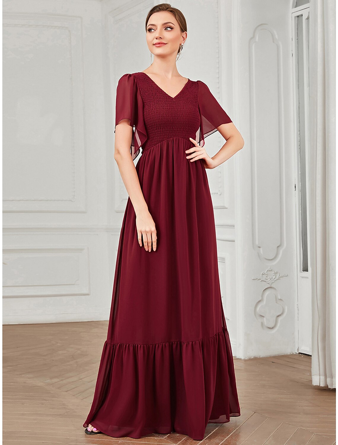 A-Line Prom Dresses Elegant Dress Party Wear Floor Length Short Sleeve V Neck Chiffon with Pleats by YiHuiw