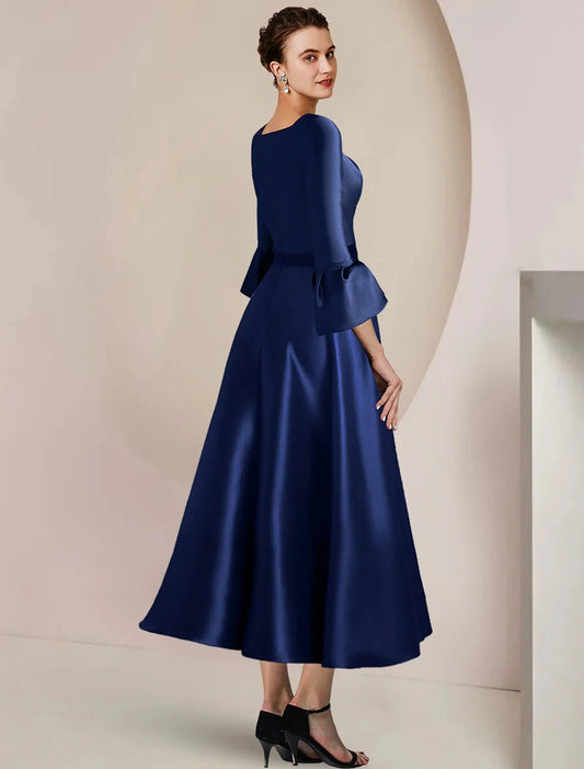 A-Line Mother of the Bride Dress Formal Wedding Guest Party Elegant Bateau Neck Tea Length Satin 3/4 Length Sleeve with Bow(s) Split Front by YiHuiw