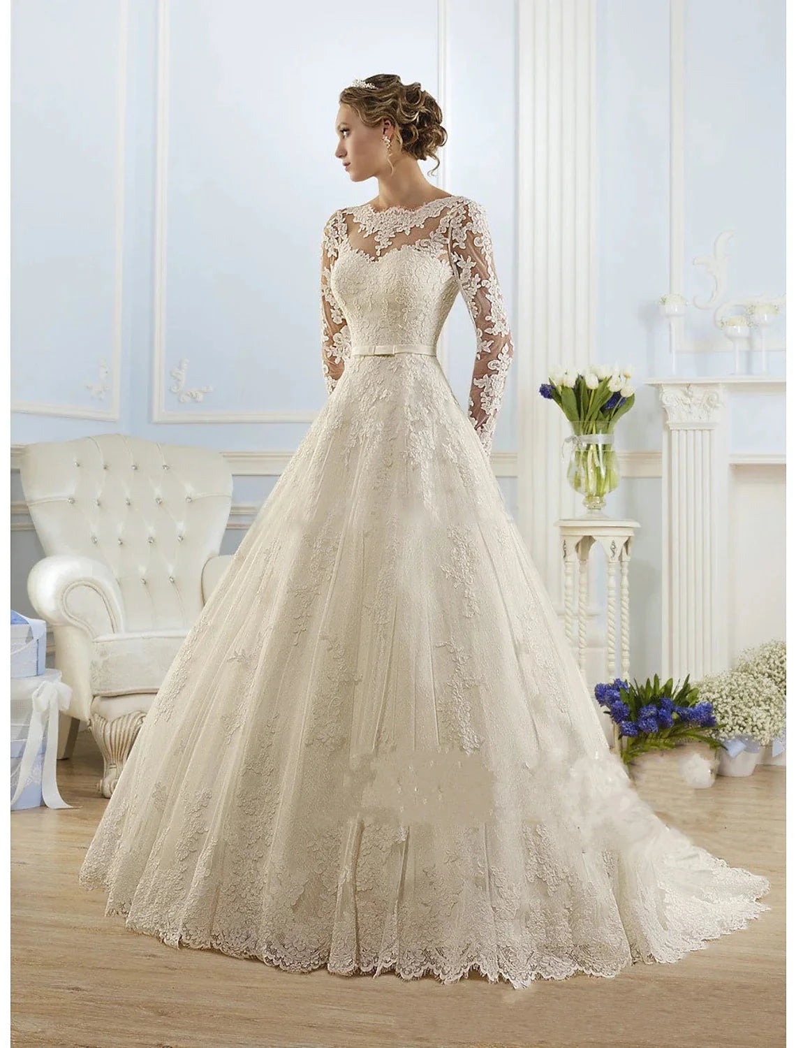 Engagement Formal Fall Wedding Dresses Ball Gown Illusion Neck Long Sleeve Court Train Lace Church Bridal Gowns With Appliques Summer Wedding Party, Women‘s Clothing by YiHuiw